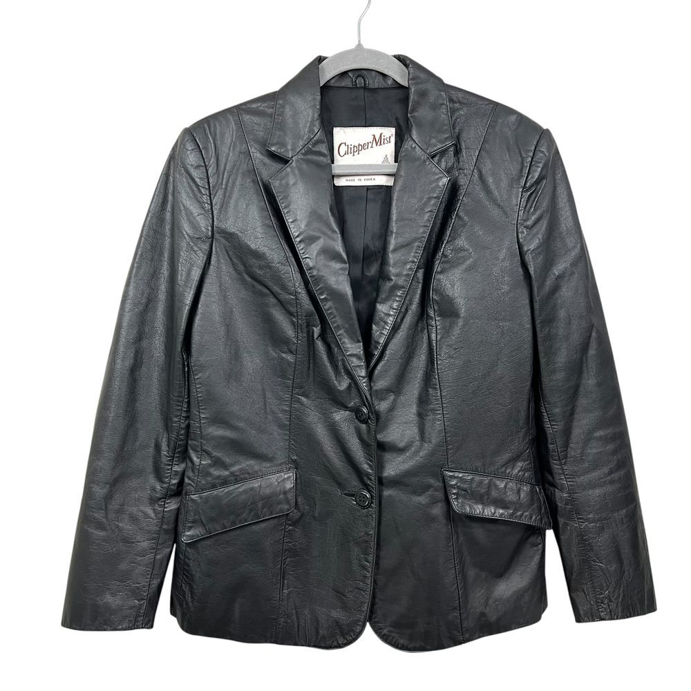 VTG Clipper Mist Womens Black Leather Blazer Jacket Lined Pockets Black Sz 14R*